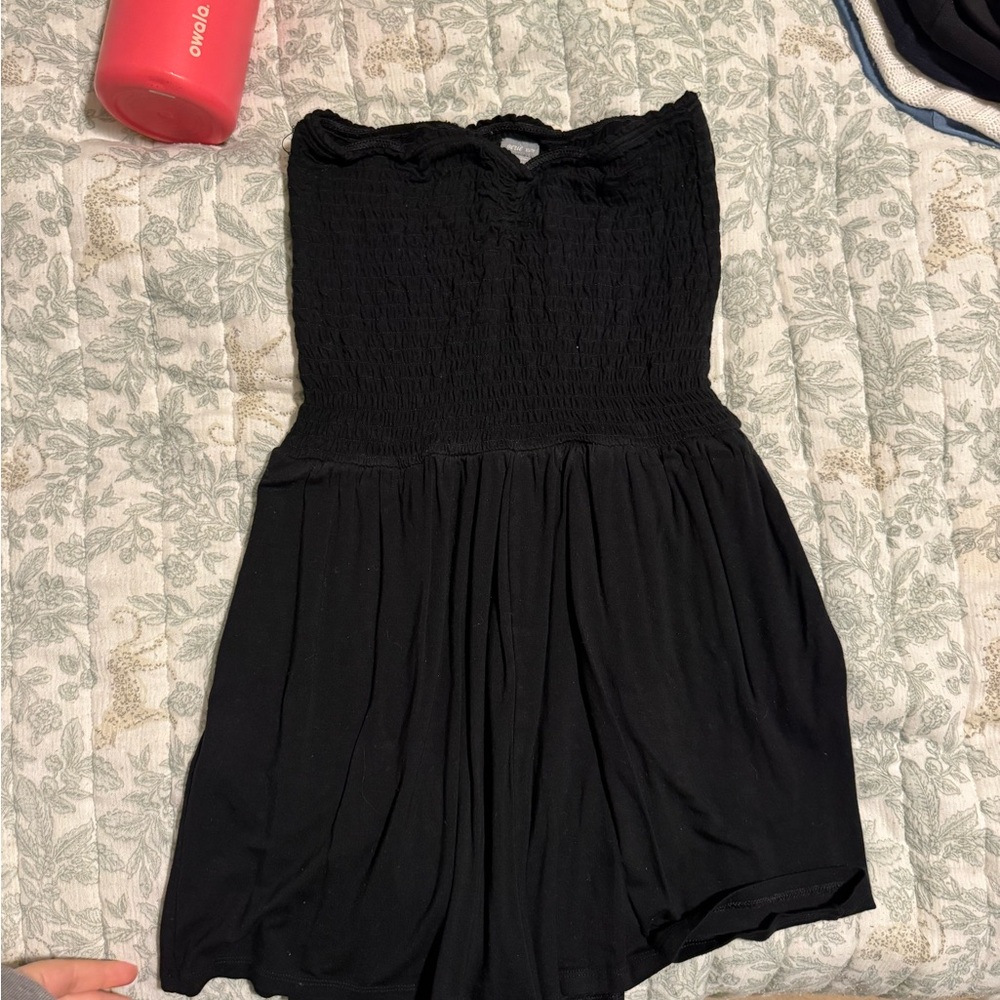 Aerie Black Textured Strapless Romper